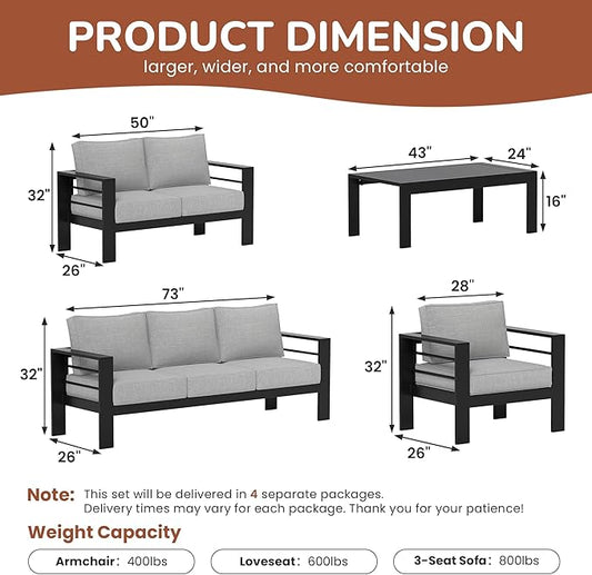 Solaste Aluminum Patio Furniture Set for All Weather, Oversized Metal Outdoor Furniture Set with 27.5" Deep Seating and 3.2" Wide Armrest, Patio Conversation Set with 5" Cushion, Black and Grey