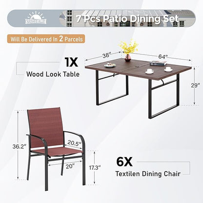 7 Piece Patio Dining Set for 6, 64”Rectangular Wood-Like Dining Table with Umbrella Hole, 6 Metal Red Chairs, Outdoor Table and Chairs Set for Lawn Backyard and Deck