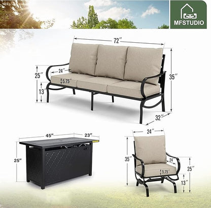 MFSTUDIO 4 Pieces Patio Conversation Sets, All Weather Metal Frame Outdoor Furniture Set Patio Sofas with 1 x 45 Rectangular Propane Fire Table, 1 x 3-Seat Sofa, 2 x Rocking Chairs, Beige Cushion