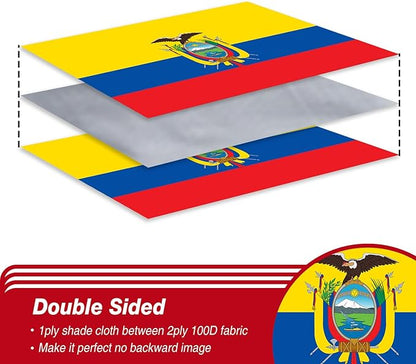 Ecuador Ecuadorian Flag 3x5 ft Outdoor, Double Sided 3 Ply Heavy Duty Ecuador National Country Flag, 100% Quality Polyester Ecuadorian Banner with Brass Grommets 4 Rows Stitches