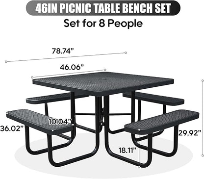 8-Person Outdoor Picnic Tables,46" Heavy-Duty Metal Square Picnic Table,Expanded Metal Commercial-Grade Table with 4 Benches & Umbrella Hole,Waterproof Coating Beach Table for Patio,Garden, Backyard