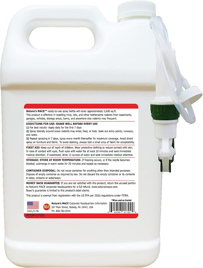 Nature's MACE 1 Gal Rodent Repellent Spray, Mouse & Rat Control for Car Engines, Repel Mice, Indoor & Outdoor Spray, Stop Rodent Damage in House, Car, RV, Attic, Garage, Stops Nesting & Wire Chewing