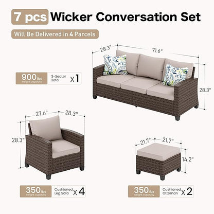 Patio Furniture Set Outdoor Furniture Brown Wicker Rattan Patio Conversation Sets with Cushion Outside Sofa Set,7 Pieces 9 Seats,Beige