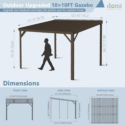 Domi 10’x10’ Wall-Mounted Hardtop Gazebo Pergola – Permanent Lean-to Outdoor Shelter with Sloped Galvanized Steel Roof & Upgraded Drainage – Grey Metal Patio Cover for Backyard, Deck, Garden, Brown