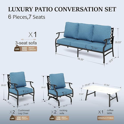 HERA'S HOUSE 6 Piece Patio Furniture Set, 2 x Rocking Chair, 2 x Fixed Chair, 1 x 3-Seat Sofa with Marbling Coffee Table, All Weather Outdoor Conversation Set for Lawn Garden Backyard, Navy Blue