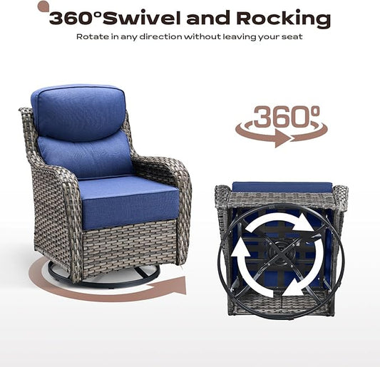 Rilyson Wicker Outdoor Patio Furniture Set - 6 Piece Patio Conversation Sets with Swivel Rocker Chairs, Ottomans, Sofa and Table, 6 inch Cushions, Deep Seating, for Porch Deck Mixed Grey/Blue
