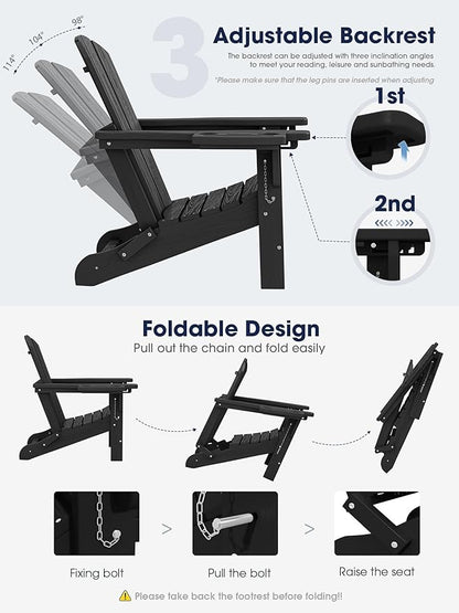 KINGYES Adjustable Folding Adirondack Chair with Footrest & 4-in-1 Multi-Functional Armrest Organizer, HDPE Foldable Reclining Adirondack Chair with Pull-Out Ottoman, Black