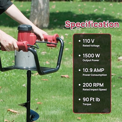 DC HOUSE 1500W Electric Post Hole Digger Earth Auger Hole Digger Digging Tools Auger with 6" Digging Bit Set with Reverse Function, Prune Farmland and Garden