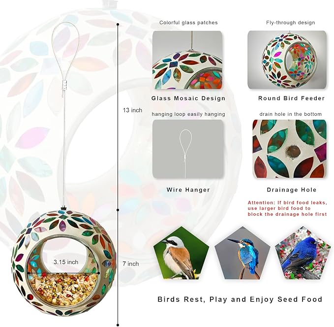 Mosaic Bird Feeder, Outside Hanging with Round Shape Glass BirdFeeders to Attract More Wild Birds, Mosaic Fly Through for Garden, Yard, Backyard, Deck and Porch Decor, Multicolor 7-Inch