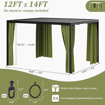 Gazebo Universal Replacement Privacy Curtain,12'×14' Gazebo Outdoor Waterproof Curtains, 4-Panels Sidewall Curtains with Double Zipper for Patio Canopy, Garden and Backyard (Curtain Only)
