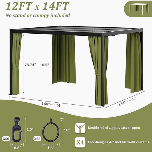 Gazebo Universal Replacement Privacy Curtain,12'×14' Gazebo Outdoor Waterproof Curtains, 4-Panels Sidewall Curtains with Double Zipper for Patio Canopy, Garden and Backyard (Curtain Only)