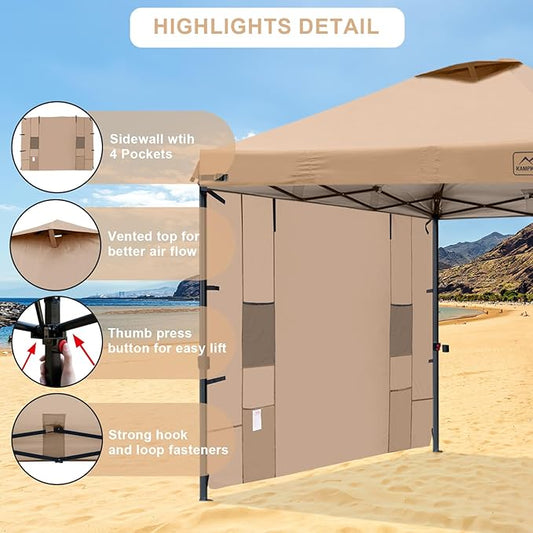 KAMPKEEPER 10x10 Easy Pop Up Canopy Tent with Sidewalls, Instant Outdoor Shade Shelter with Removable 10FT Sun Walls, Quick Setup Waterproof and UV-Resistant for Patio (Khaki, 1 sidewall)