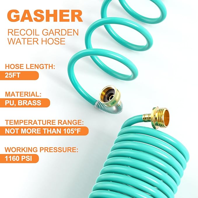 GASHER 25FT PU Recoil Garden Water Hose with 3/4"Inch Brass Fittings Retractable, Swivel Female for Boating, Pool & Spa, RV, Home and Garden（Blue)