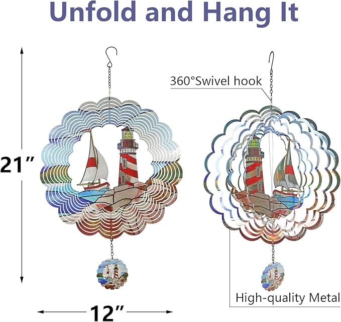 Lighthouse 3D Wind Spinner Kinetic Metal Art Hanging Wind Spinner Outdoor Decoration Ocean Ornaments Decor for Yard and Garden