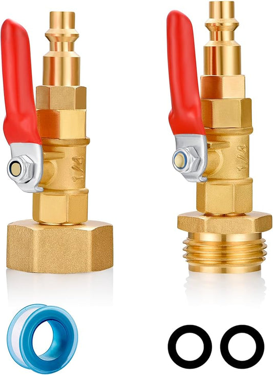 RV Winterize/Winterization Blowout Adapter - Brass with Ball Valve, 1/4" Male Quick Connect to 3/4" Male & Female GHT Garden Hose Thread