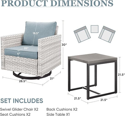 HUMMUH 3-Piece Patio Swivel Chairs,PE Wicker Outdoor Rocking Chairs Bistro Set with Side Table Porch Balcony Furniture with Cushions
