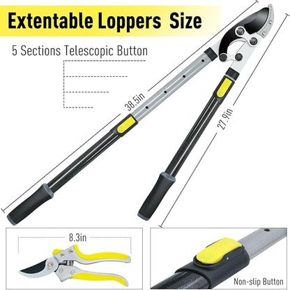 JARDINEER 3Pcs Branch Cutter Heavy Duty, Extendable Loppers for Tree Trimming, 28-38.5" Garden Lopper with 2 Inch Cutting Capacity, Include Pruning Shear and SK5 Spare Blade