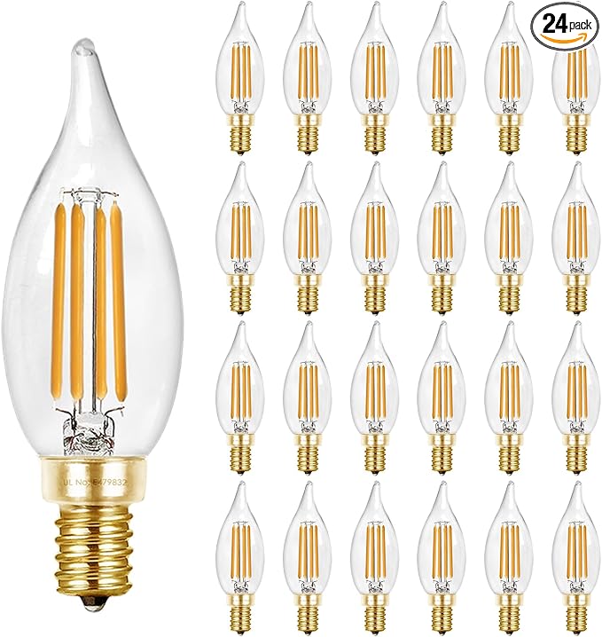 Hizashi 90+ CRI LED Candelabra Bulbs 60 watt Equivalent 2700K Warm White, Dimmable Chandelier Light Bulbs, 6W 550LM, CA11 Flame Tip E12 LED Candle Bulb, UL Listed - 24 Pack