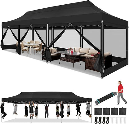 COBIZI 10x30 Heavy Duty Pop Up Canopy with 8 Sidewalls, Commercial Gazebo Party Tent with Mosquito Netting Wall Easy Set Up Outdoor Instant Screen Tent for Backyard, Patio, Garden, Black
