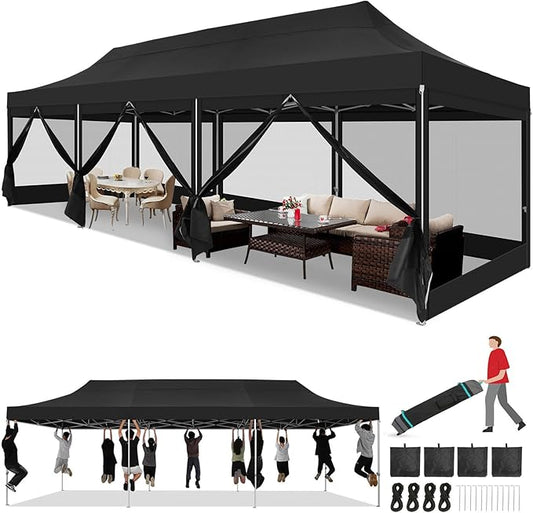 COBIZI 10x30 Heavy Duty Pop Up Canopy with 8 Sidewalls, Commercial Gazebo Party Tent with Mosquito Netting Wall Easy Set Up Outdoor Instant Screen Tent for Backyard, Patio, Garden, Black