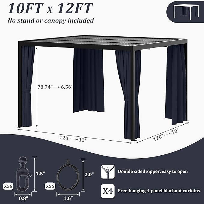 Gazebo Universal Replacement Privacy Curtain,10'×12' Gazebo Outdoor Waterproof Curtains, 4-Panels Sidewall Curtains with Double Zipper for Patio Canopy, Garden and Backyard (Curtain Only)
