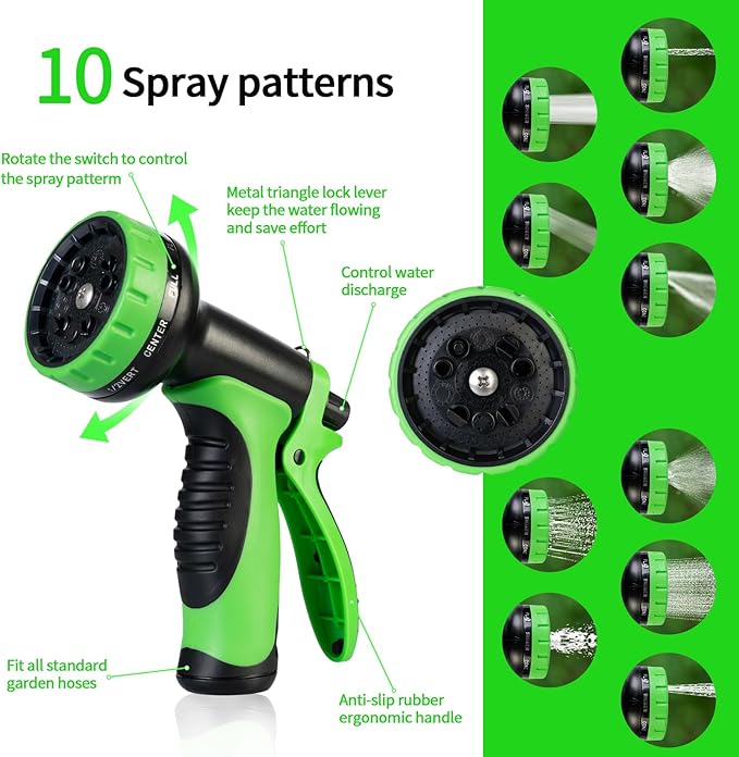 Garden Hose 75 ft,Non-Expanding,10 Functional Nozzles,Garden Hose Anti-Kink,Heavy Duty Flexible Water Hose 75 ft,Suitable for Outdoor,Yard, Lawn, Car Washing and Other Scenes.(green, 75ft)