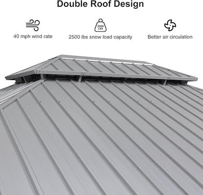 PURPLE LEAF 11' x 15' Permanent Hardtop Gazebo with Galvanized Steel Double Roof and Aluminum Frames Outdoor Large Pavilion Gazebo for Patio Deck Garden, Netting and Curtains Included, Light Grey