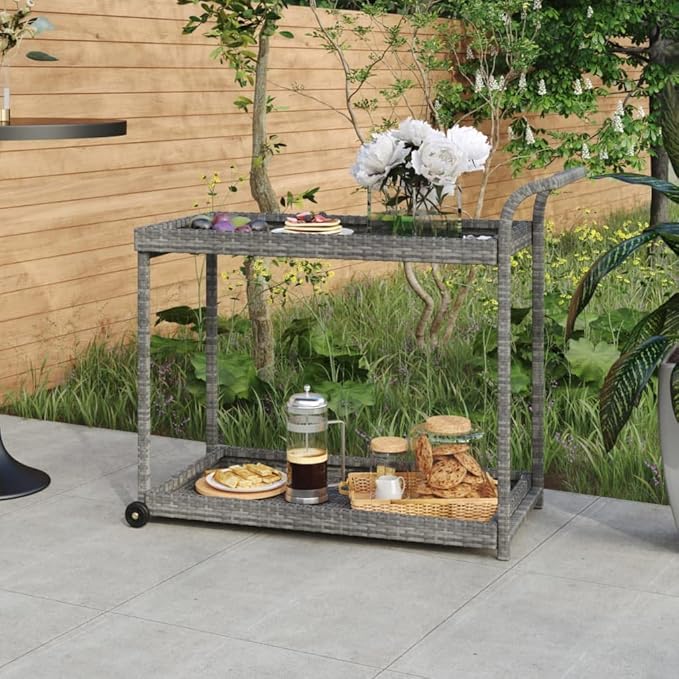 Outdoor Rolling Wicker Bar Cart with Storage Shelves, Portable Bar Cart with Wheels, Patio Kitchen Island Cart for Pool Deck Backyard, Gray 39.4"x17.7"x32.7" Poly Rattan -464