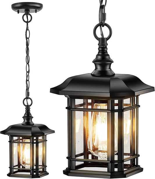 VIANIS Outdoor Pendant Lights for Porch, Black Exterior Hanging Lanterns Outdoor, Aluminum Farmhouse Ceiling Light Fixture, Waterproof Tempered Seed Glass Chandelier for Gazebo