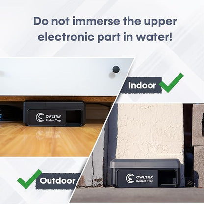 OWLTRA 2 Pack OW-7 in-/Outdoor Electric Rodent Trap, Instant Kill Mouse & Rat Zapper with Waterproof Cover, Sound & Light Alarm, and Batteries or USB Power Source, Waterproof Grade IPX4, Black