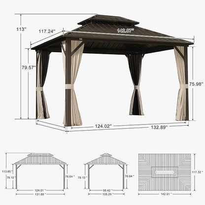 PURPLE LEAF 10’ X 12' Hardtop Gazebo Outdoor Metal Frame Galvanized Steel Double Roof with Curtains and Nettings for Patio Desk Backyard Bronze