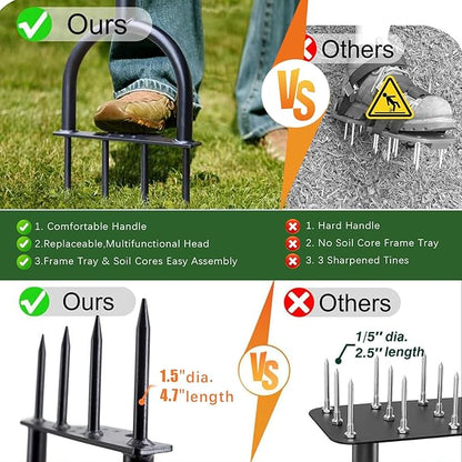 Lawn Aerator Garden Tool with Soil Core Tray, 3 in 1 Manual Grass Plug Air Aerator with Spike Tool and Half Moon Edging Tool, Coring Aeration for Lawn Yard Care