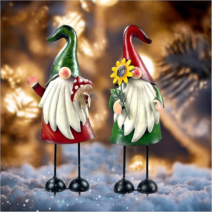 HONGLAND Metal Gnome Yard Art Outdoor Gnomes Garden Statue 18 Inch Gnome Figurine Decorative Stakes for Holiday Christmas Lawn Patio Yard Garden Decor-2 PCS