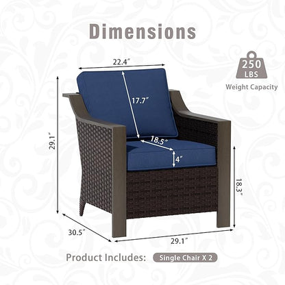Outdoor Wicker Chair Set of 2, All-Weather Use Patio Rattan Chair with Removable Water-Resistant Cushion, Ideal for Porch, Backyard, Balcony, Poolside, Blue