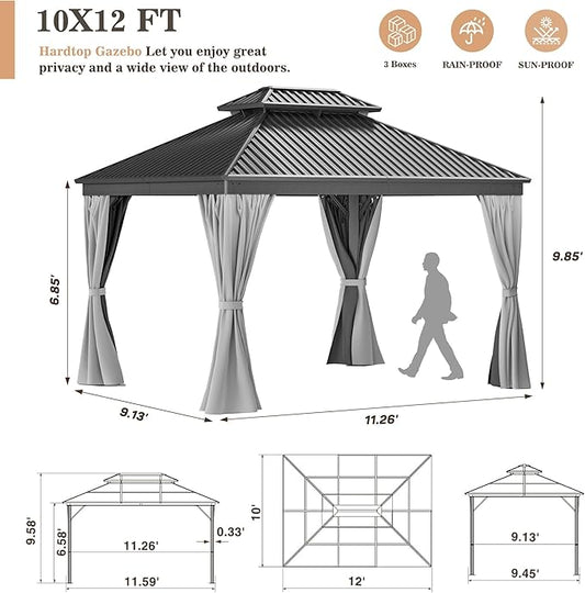 WKM 10x12 FT Hardtop Gazebo with Heavy Duty Galvanized Steel Double Roof, Aluminum Frame Permanent Pavilion with Curtains and Netting, Outside Canopy Gazebo for Patio, Deck and Backyard, Grey