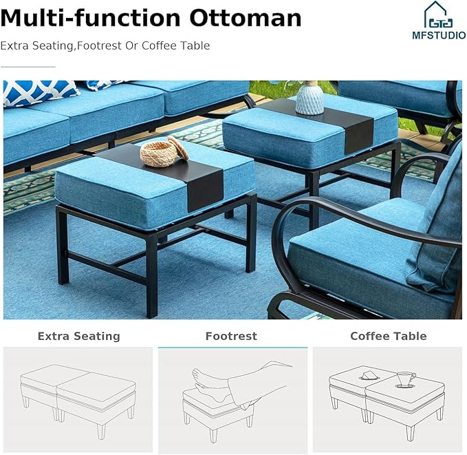 MFSTUDIO 6 Pieces Patio Furniture Sets with 45" Gas Fire Pit Table(Up to 7 Seat), Outdoor Metal Frame Patio Conversation Sofas with 1 x 3-Seat Sofa, 2 Sofa Chairs and 2 Ottoman, Navy Cushion