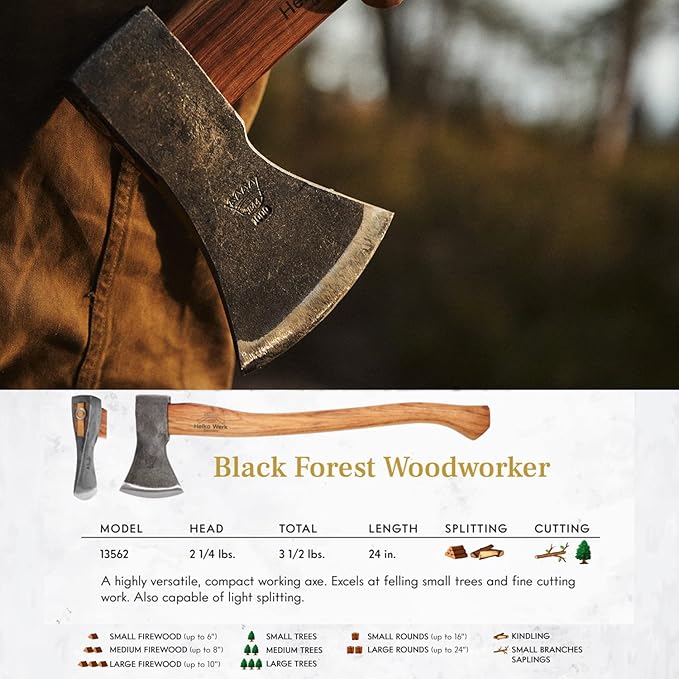1844 Helko Werk Germany Traditional Black Forest Woodworker Axe - Made in Germany Hand Forged Bushcraft Axe and Forest Axe for Cutting Head 2.25 lbs, Handle 24 in. (Black Forest Wood Worker) #13562