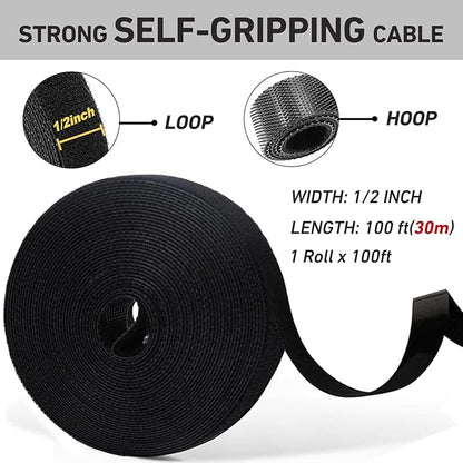100ft x1/2 in Hook and Loop Roll, Hitotsu Reusable Fastening Tape Cable Ties, Self-Gripping Multi-Purpose Wrap Fasteners for Cord Manage,Home, Office, Electrical Cords, Data Center, White
