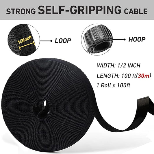 100ft x1/2 in Hook and Loop Roll, Hitotsu Reusable Fastening Tape Cable Ties, Self-Gripping Multi-Purpose Wrap Fasteners for Cord Manage,Home, Office, Electrical Cords, Data Center, White