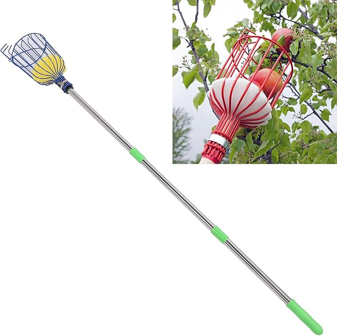 Tyenaza Fruit Picker Pole Tool with Basket Long Handle, Stainless Steel Fruit Picker Tool with Basket Pole Easy to Assemble Fruits Catcher Tree Picker Length Adjustable