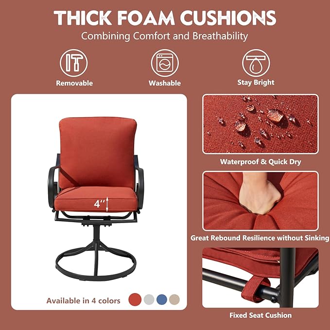 MELLCOM Patio Swivel Chair Set of 6, Heavy Duty Outdoor Dining Chairs with Thickened Cushions, Metal Patio Chairs Gentle Rocker for Outside, Garden Lawn & Porch, Backyard, Red