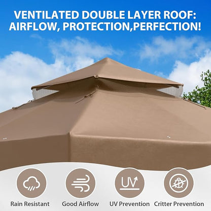 EAGLE PEAK 8x8 Patio Gazebo with Mesh Netting, Double Roof Outdoor Pavilion with Corner Shelves for Lawn, Deck, Garden and Backyard, Brown