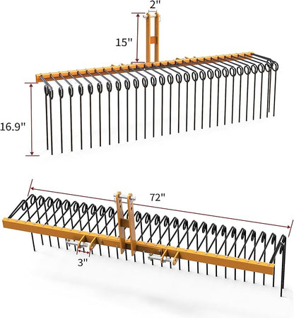 YITAMOTOR 72" Durable Powder Coated Steel Pine Straw Rake Steel Spring Landscape Rake Attaches to Cat-0 Cat-1,3 Point Hitch for Tractor, Yellow Black
