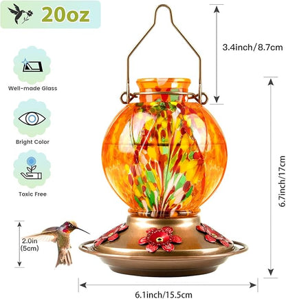 BOLITE Hummingbird Feeder, Hand Blown Glass Hummingbird Feeders for Outdoors Hanging, with Ant Moat and 5 Feeding Ports, 20 Ounces, Meshy Texture Ball Shape Bottle, Orange, Gifts for Women Men