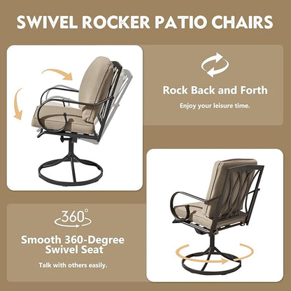 MELLCOM Patio Swivel Chair Set of 2, Heavy Duty Outdoor Dining Chairs with Thickened Cushions, Metal Patio Chairs Gentle Rocker for Outside, Khaki
