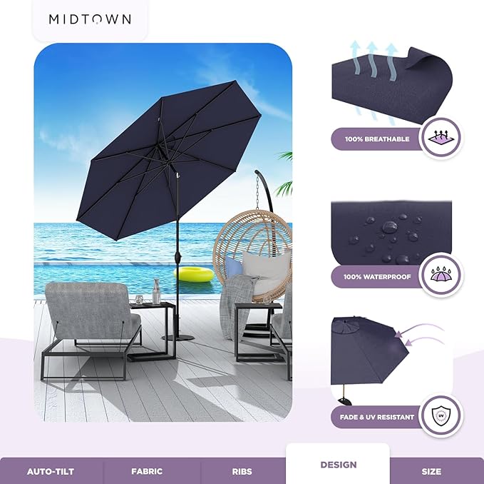Midtown Umbrellas 10-Year-No-Fade - 9 Ft - UV Proof Navy Blue Polyester Fabric - Umbrella Outdoor Patio, Auto-Tilt Aluminum Frame Patio Umbrella for Garden, Pool & Deck - Black Pole