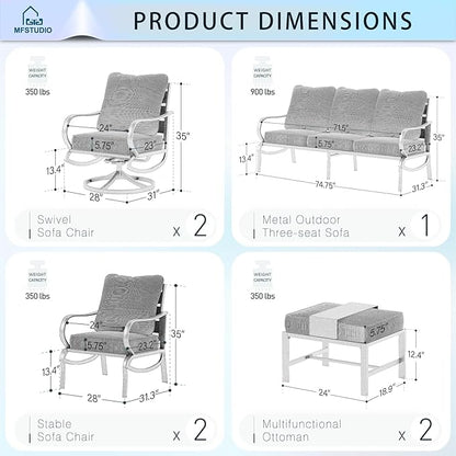 MFSTUDIO 7 Pieces Metal Patio Furniture Sets, 2 Swivel Chairs, 3-Seat Deep Seating Sofa, 2 Single Couch and 2 Ottoman, All Weather 9 Seats Outdoor Conversation Set for Garden Backyard, Navy Cushion
