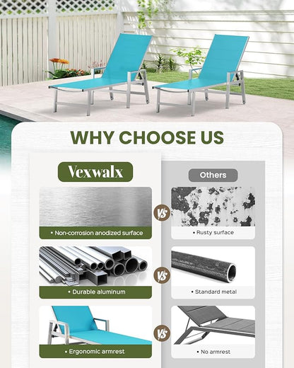 Patio Chaise Lounge Chair Outdoor with Wheels&Armrests, Aluminum Pool Lounge Chairs 5-Position Adjustable Recliner, Outdoor Beach Lounge Chairs for Poolside, Patio, Deck, Yard, Lake Blue