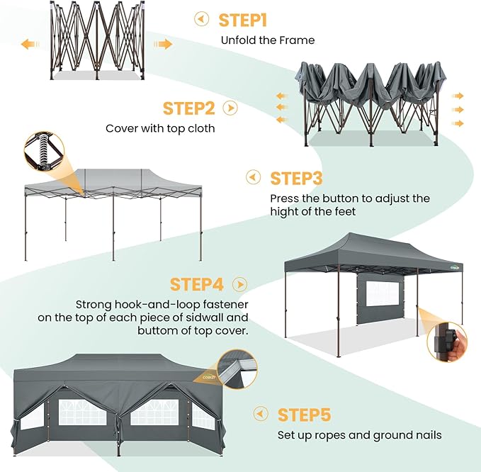 COBIZI 10x20 Pop Up Heavy Duty Canopy with 6 Sidewalls and Hexagonal Legs, Easy up Tent for Parties, Commercial and Wedding, Outdoor Canopy with Roller Bag, Sand Bags, Waterproof & UPF50+ (Gray)