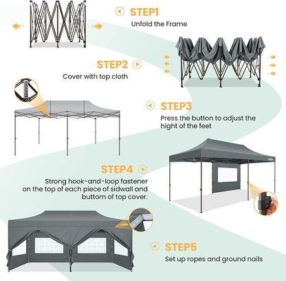 COBIZI 10x20 Pop Up Heavy Duty Canopy with 6 Sidewalls and Hexagonal Legs, Easy up Tent for Parties, Commercial and Wedding, Outdoor Canopy with Roller Bag, Sand Bags, Waterproof & UPF50+ (Gray)